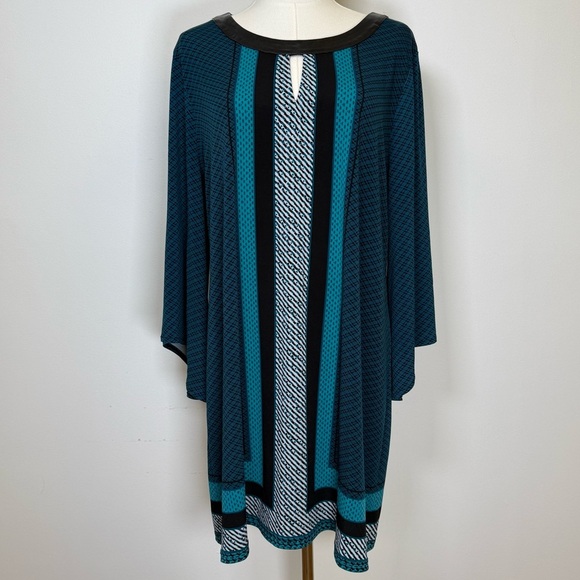 Alfani Tunic Top Faux Leather Trim Keyhole Neckline Striped Women’s Size Large - Picture 1 of 9